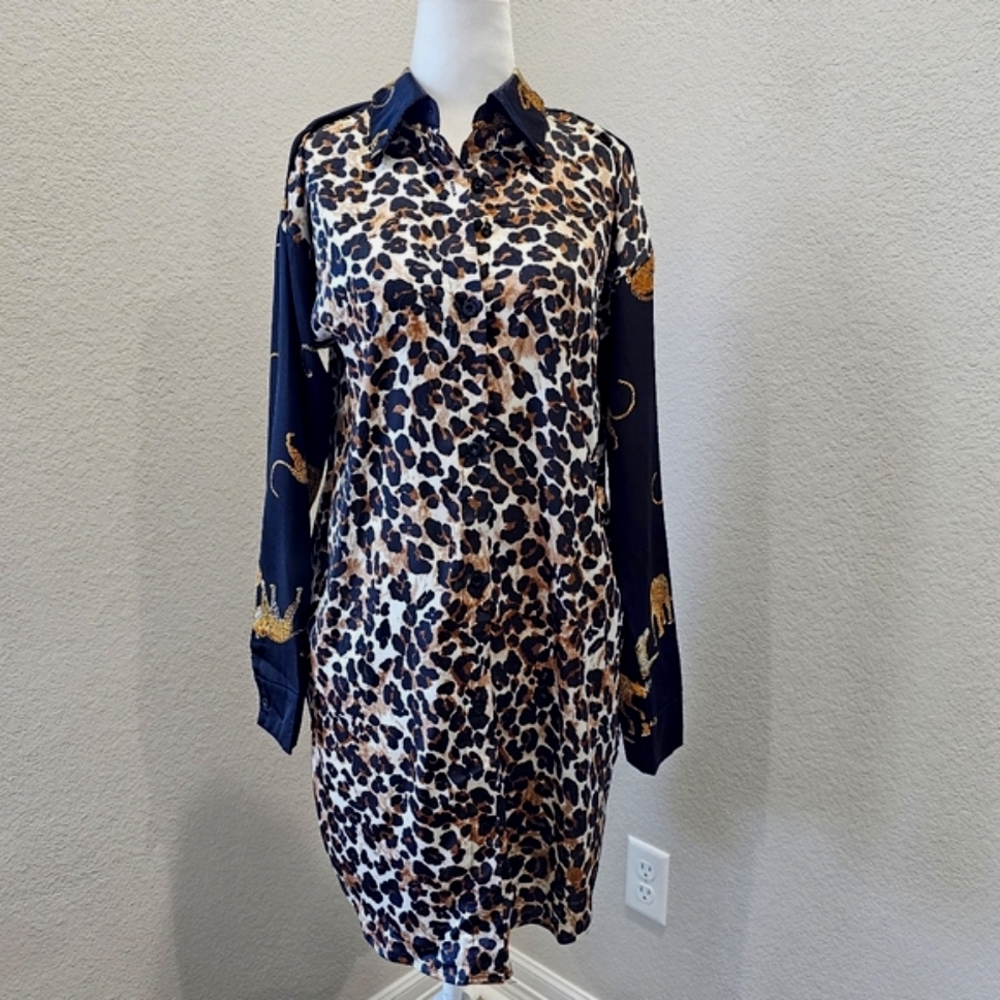 NWT Mazik Leopard Print Long Sleeve Shirt Dress